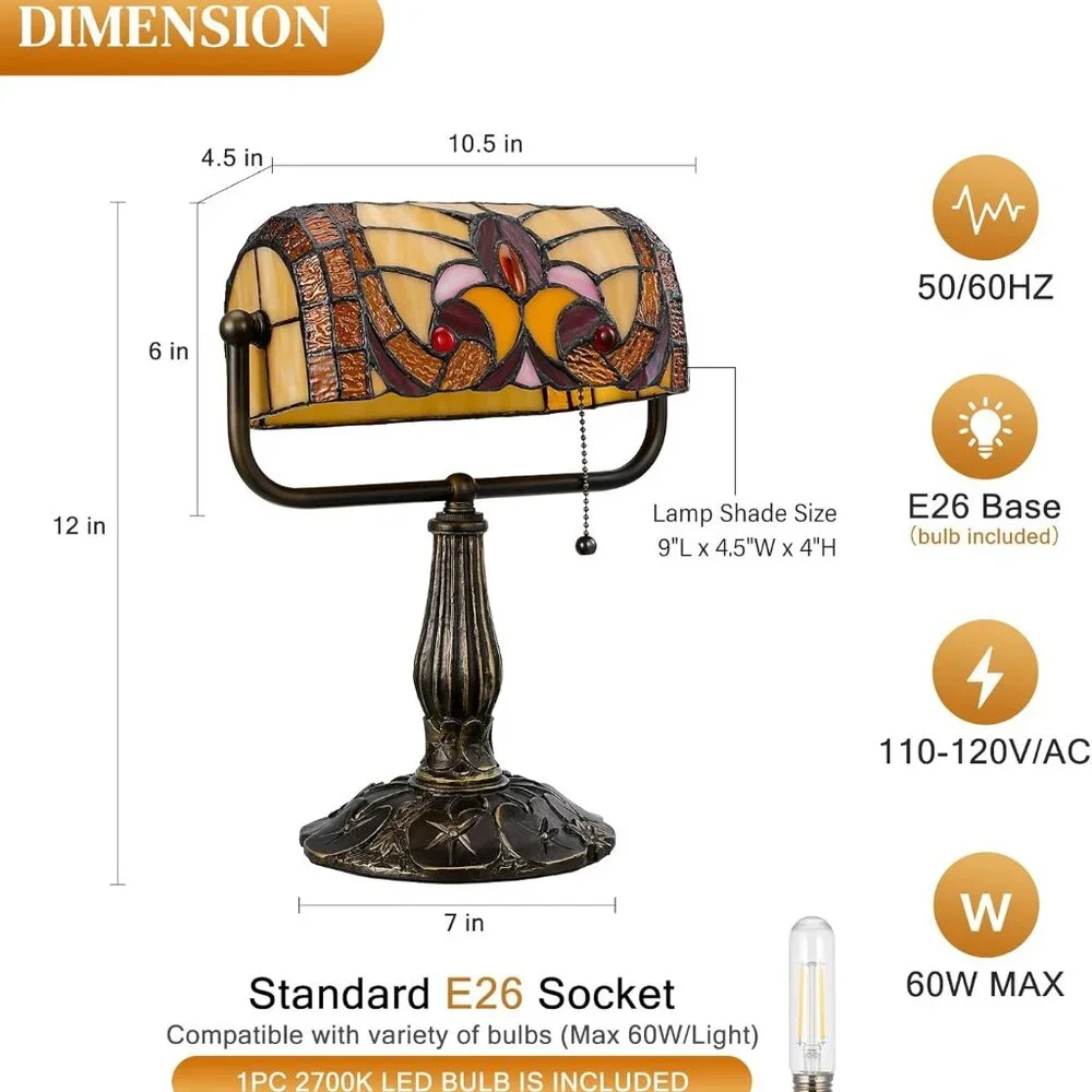 Tiffany Style Bankers Lamp - Stained Glass Desk Lamps with Baroque Design & Pull - Picture 4 of 7